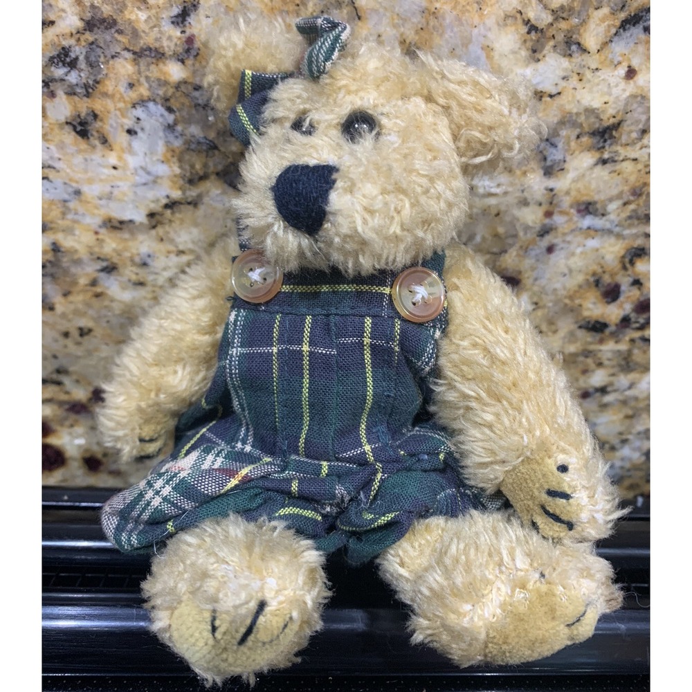 Boyds Bears Archive Series Mini 6" Girl Bear In Green/Navy Plaid Overalls